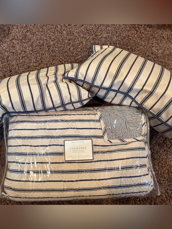 Pottery Barn Other - Pottery Barn Navy and Cream Striped Reversible King Size Quilt